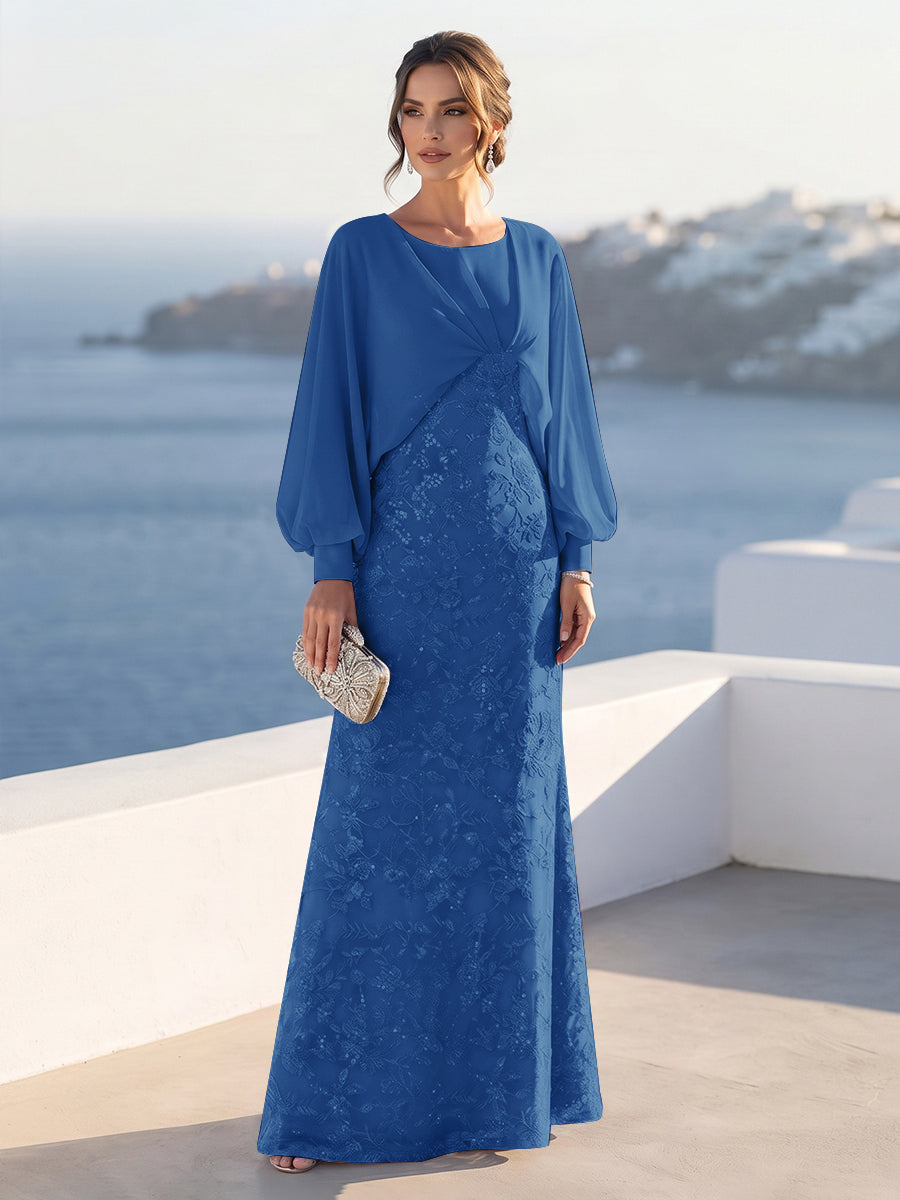 A-Line/Princess Long Sleeves Scoop Floor-Length Mother of the Bride Dresses with Sequins &amp; Cape