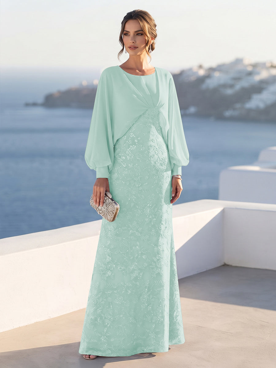 A-Line/Princess Long Sleeves Scoop Floor-Length Mother of the Bride Dresses with Sequins &amp; Cape
