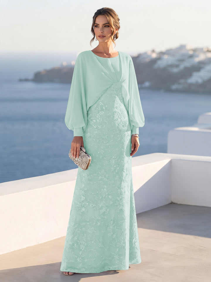 A-Line/Princess Long Sleeves Scoop Floor-Length Mother of the Bride Dresses with Sequins &amp; Cape