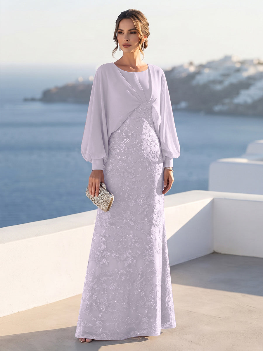 A-Line/Princess Long Sleeves Scoop Floor-Length Mother of the Bride Dresses with Sequins &amp; Cape