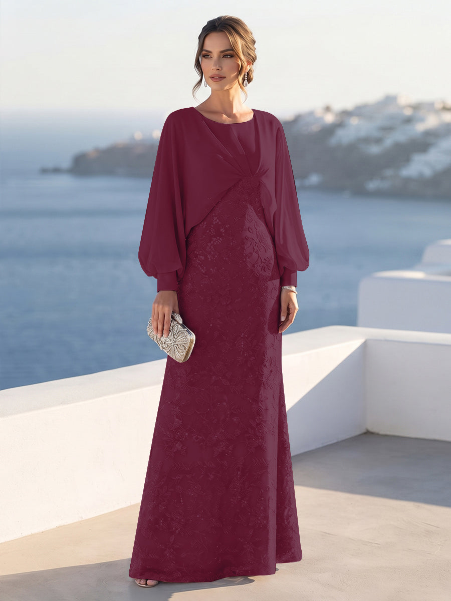 A-Line/Princess Long Sleeves Scoop Floor-Length Mother of the Bride Dresses with Sequins &amp; Cape