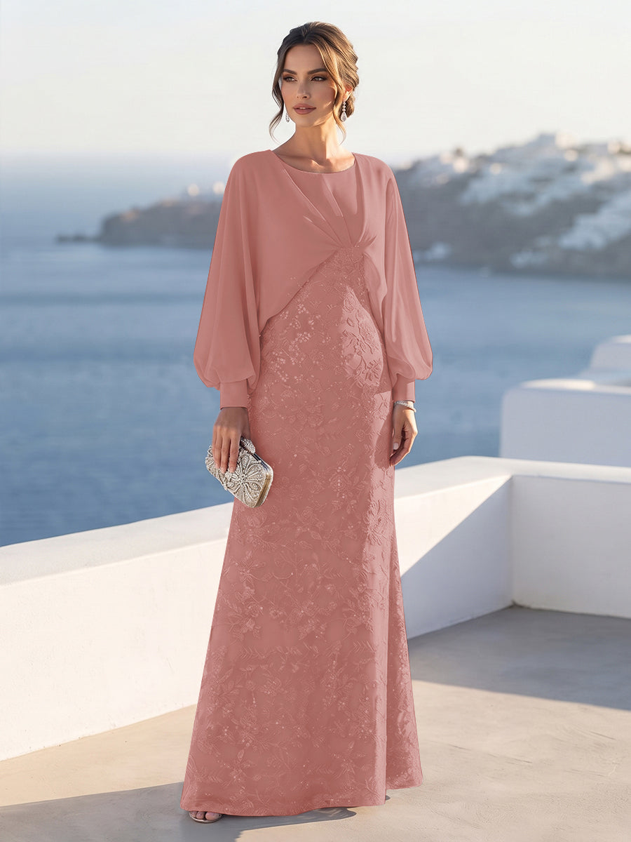 A-Line/Princess Long Sleeves Scoop Floor-Length Mother of the Bride Dresses with Sequins &amp; Cape