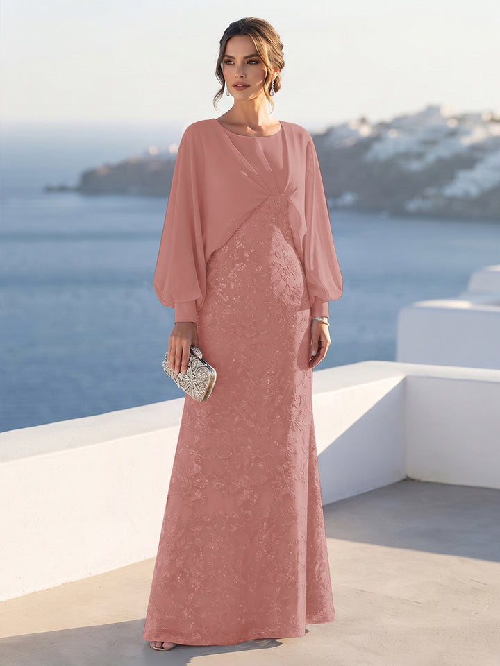 A-Line/Princess Long Sleeves Scoop Floor-Length Mother of the Bride Dresses with Sequins &amp; Cape