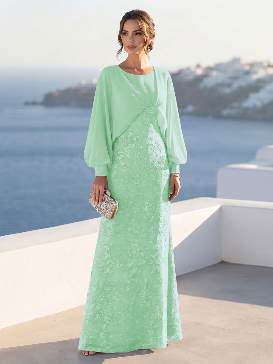 A-Line/Princess Long Sleeves Scoop Floor-Length Mother of the Bride Dresses with Sequins &amp; Cape