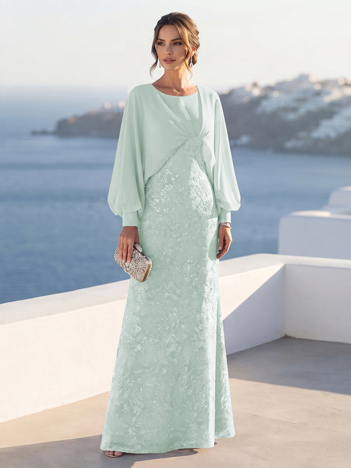 A-Line/Princess Long Sleeves Scoop Floor-Length Mother of the Bride Dresses with Sequins &amp; Cape
