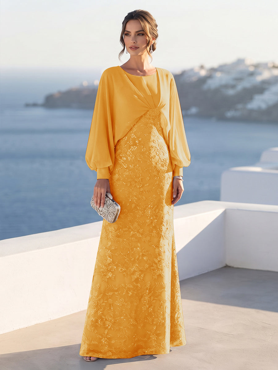 A-Line/Princess Long Sleeves Scoop Floor-Length Mother of the Bride Dresses with Sequins &amp; Cape