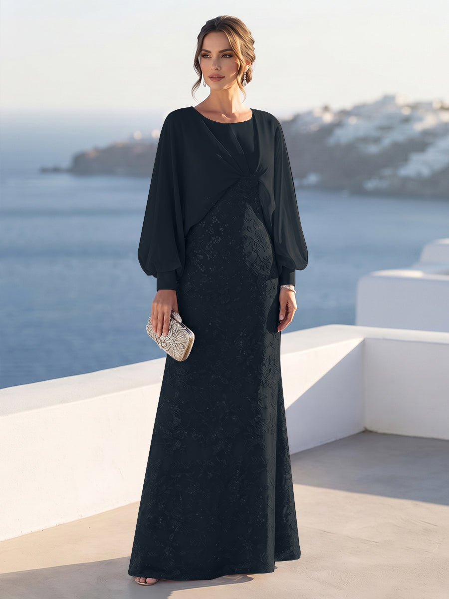 A-Line/Princess Long Sleeves Scoop Floor-Length Mother of the Bride Dresses with Sequins &amp; Cape