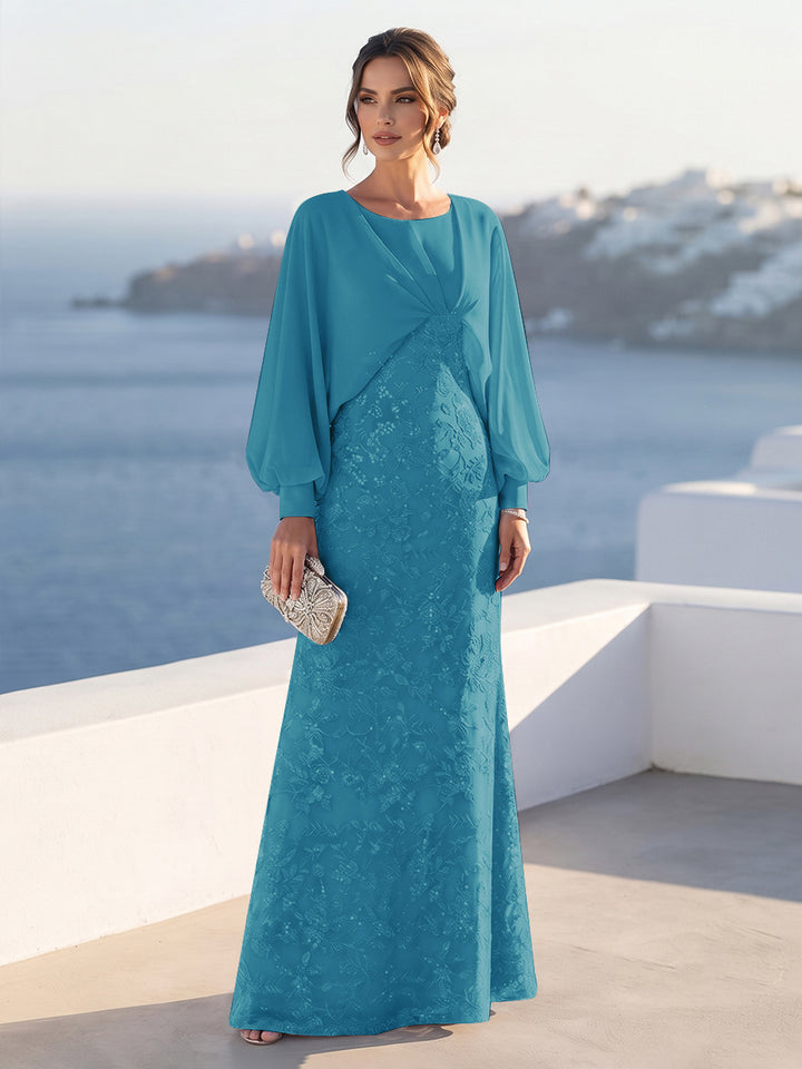 A-Line/Princess Long Sleeves Scoop Floor-Length Mother of the Bride Dresses with Sequins &amp; Cape