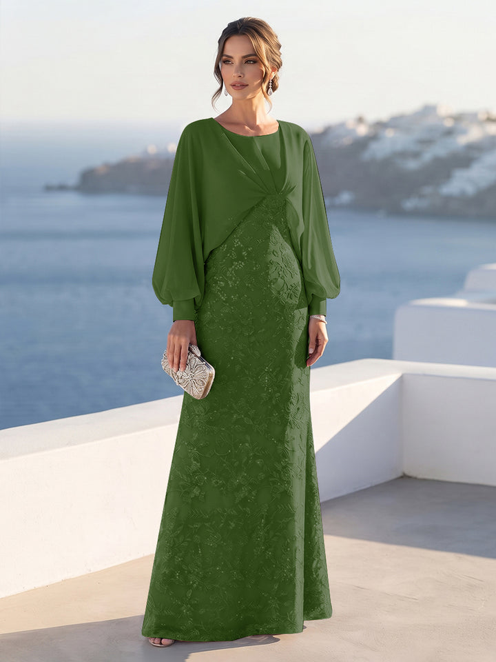 A-Line/Princess Long Sleeves Scoop Floor-Length Mother of the Bride Dresses with Sequins &amp; Cape