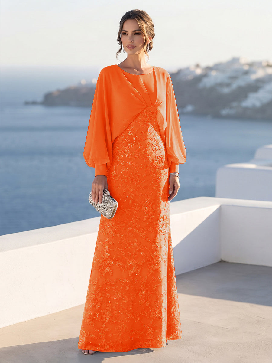 A-Line/Princess Long Sleeves Scoop Floor-Length Mother of the Bride Dresses with Sequins &amp; Cape