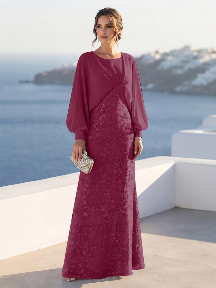 A-Line/Princess Long Sleeves Scoop Floor-Length Mother of the Bride Dresses with Sequins &amp; Cape