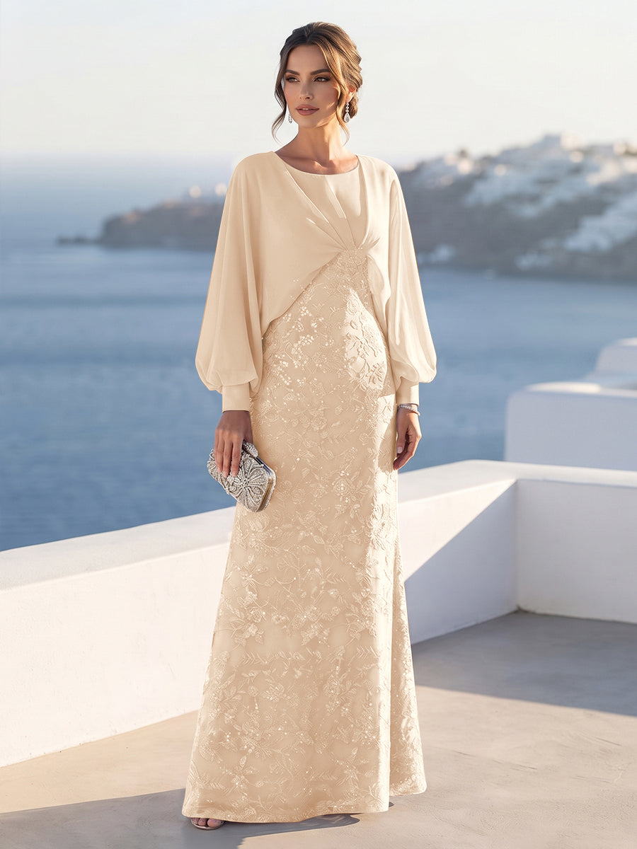 A-Line/Princess Long Sleeves Scoop Floor-Length Mother of the Bride Dresses with Sequins &amp; Cape