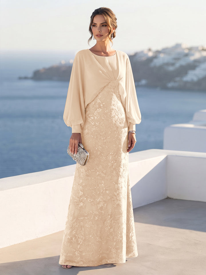 A-Line/Princess Long Sleeves Scoop Floor-Length Mother of the Bride Dresses with Sequins &amp; Cape