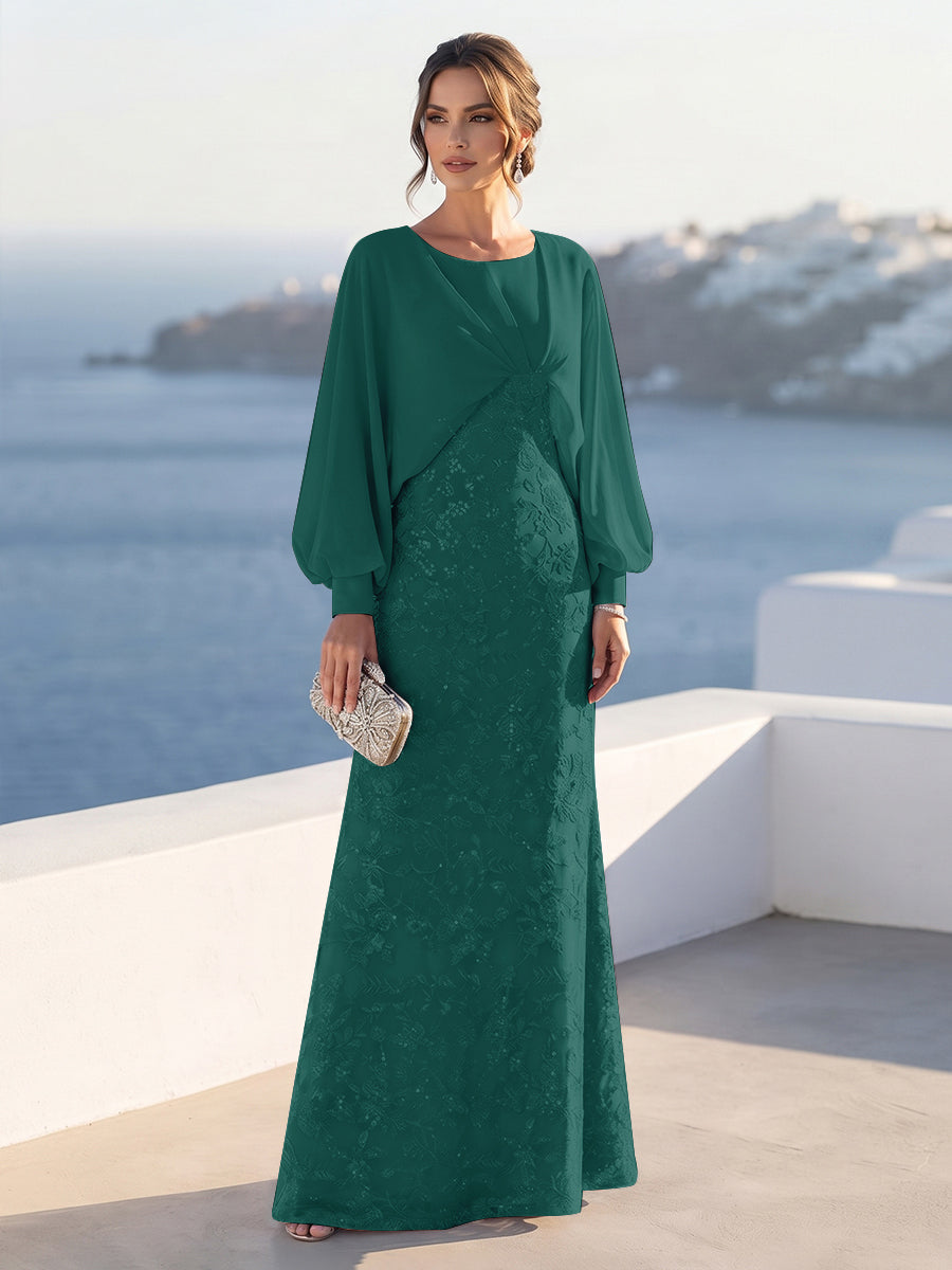 A-Line/Princess Long Sleeves Scoop Floor-Length Mother of the Bride Dresses with Sequins &amp; Cape