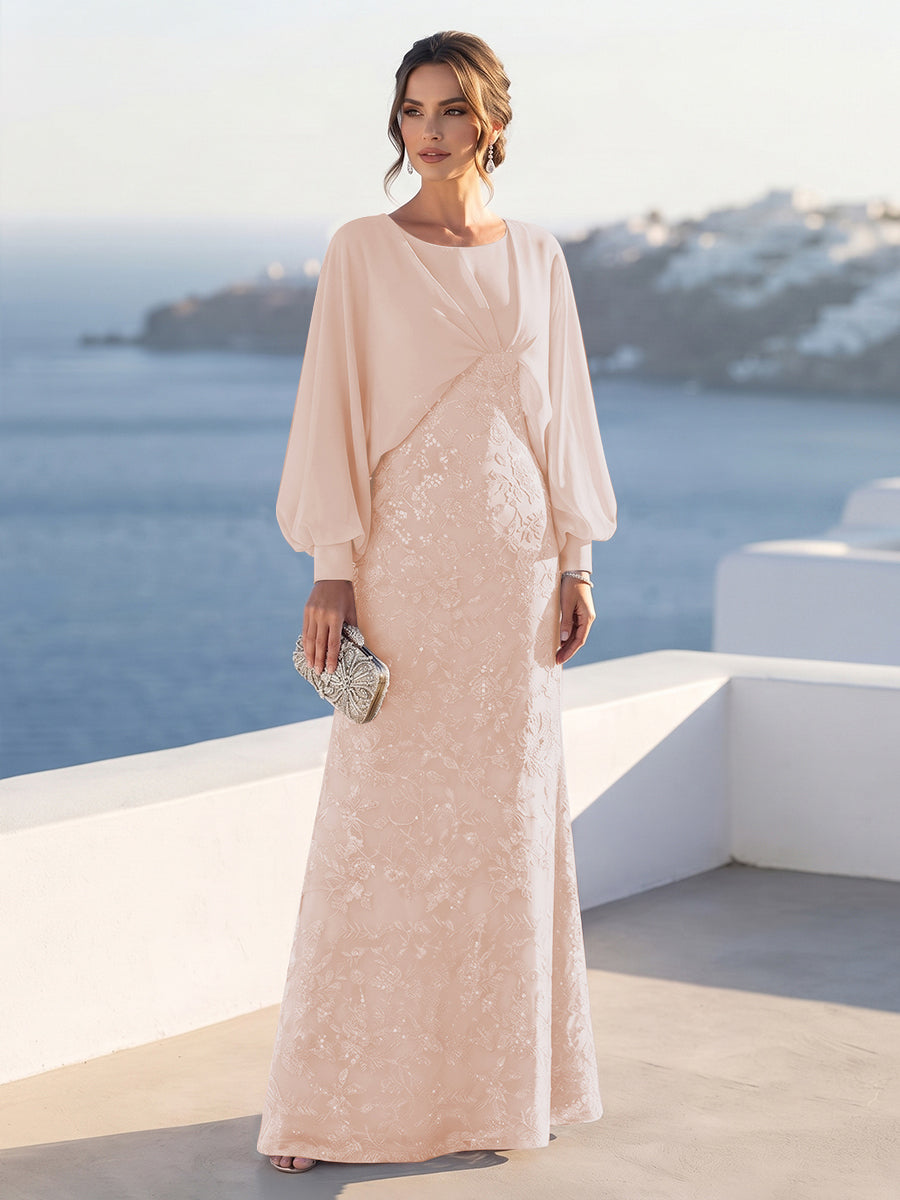 A-Line/Princess Long Sleeves Scoop Floor-Length Mother of the Bride Dresses with Sequins &amp; Cape