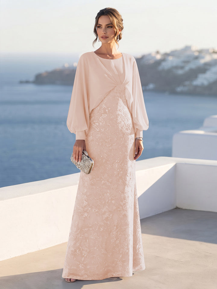 A-Line/Princess Long Sleeves Scoop Floor-Length Mother of the Bride Dresses with Sequins &amp; Cape