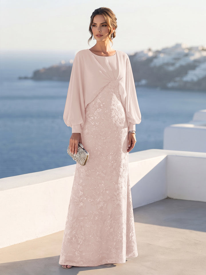 A-Line/Princess Long Sleeves Scoop Floor-Length Mother of the Bride Dresses with Sequins &amp; Cape