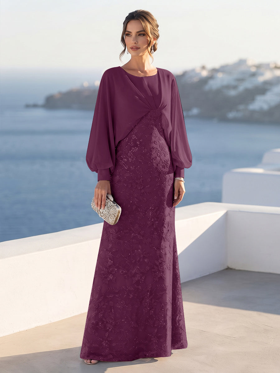 A-Line/Princess Long Sleeves Scoop Floor-Length Mother of the Bride Dresses with Sequins &amp; Cape