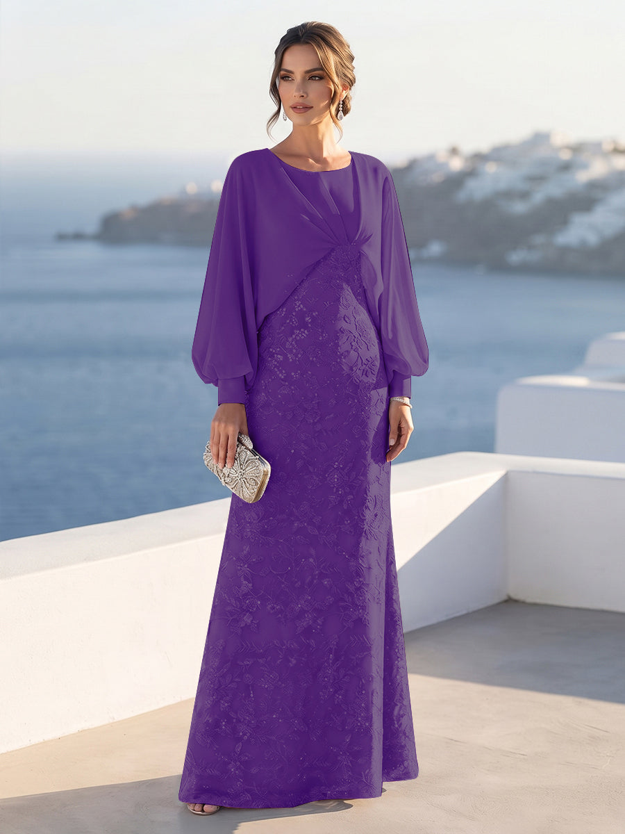 A-Line/Princess Long Sleeves Scoop Floor-Length Mother of the Bride Dresses with Sequins &amp; Cape