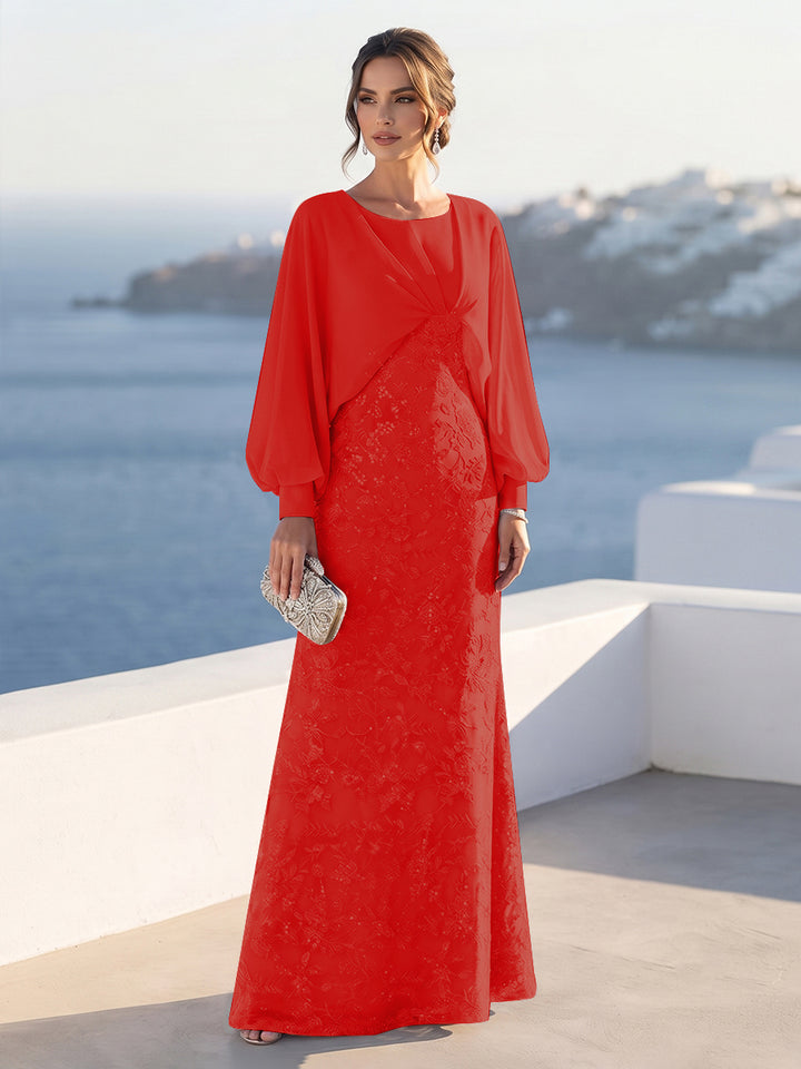 A-Line/Princess Long Sleeves Scoop Floor-Length Mother of the Bride Dresses with Sequins &amp; Cape