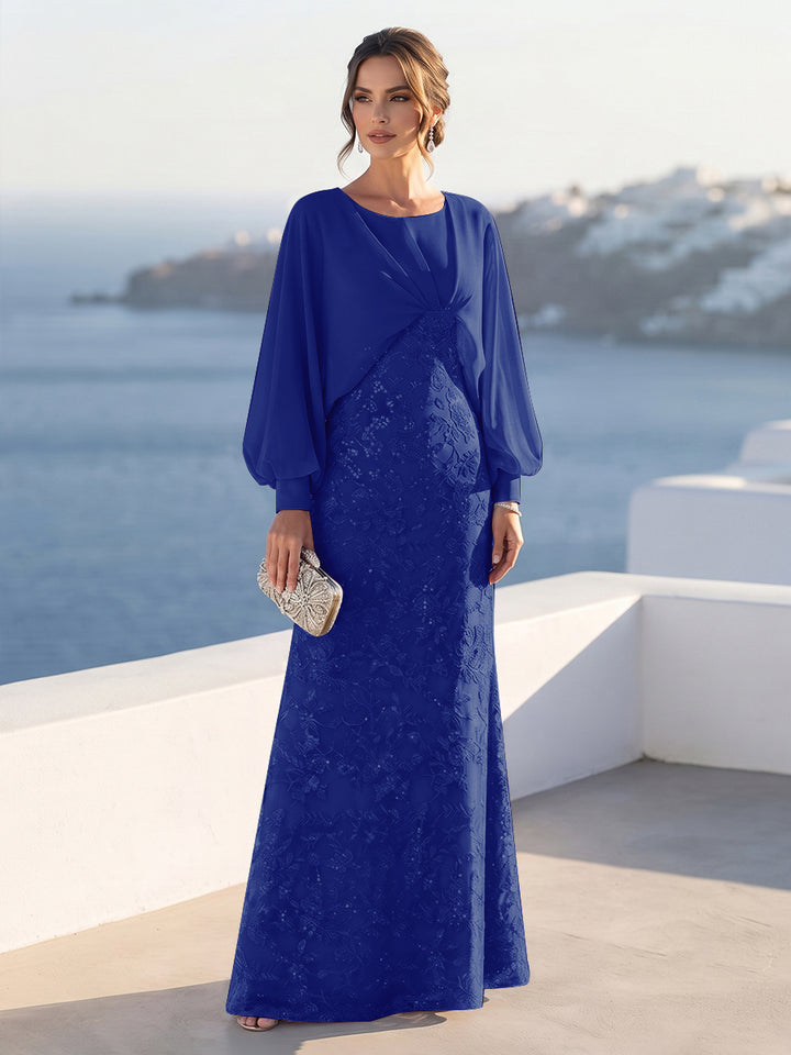 A-Line/Princess Long Sleeves Scoop Floor-Length Mother of the Bride Dresses with Sequins &amp; Cape