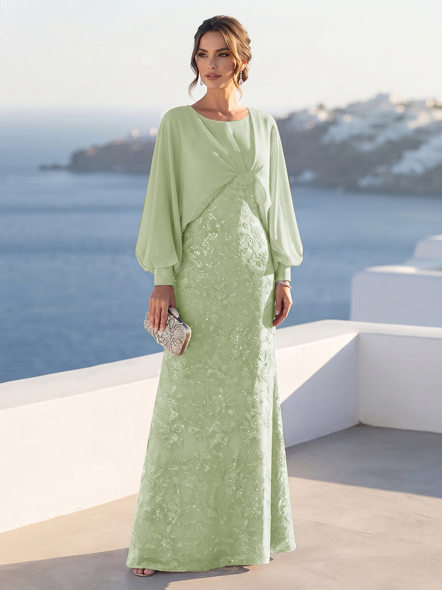 A-Line/Princess Long Sleeves Scoop Floor-Length Mother of the Bride Dresses with Sequins &amp; Cape