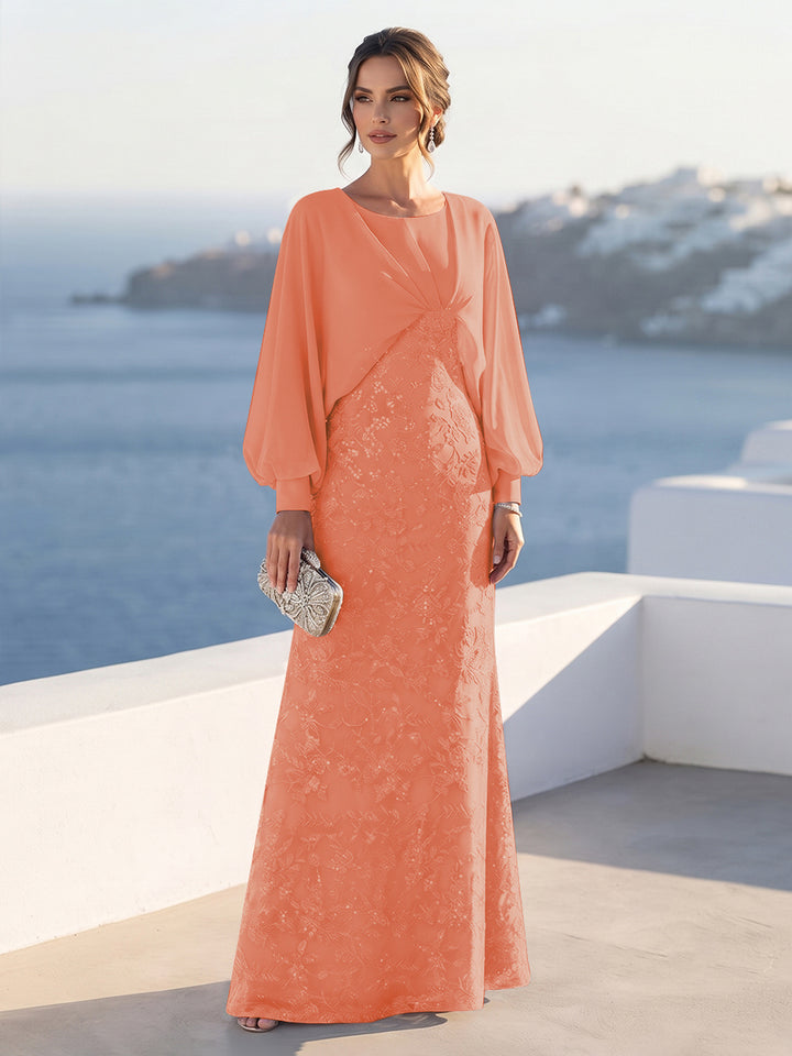 A-Line/Princess Long Sleeves Scoop Floor-Length Mother of the Bride Dresses with Sequins &amp; Cape