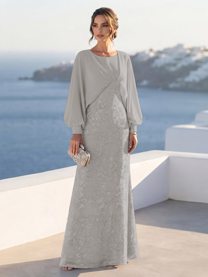 A-Line/Princess Long Sleeves Scoop Floor-Length Mother of the Bride Dresses with Sequins &amp; Cape