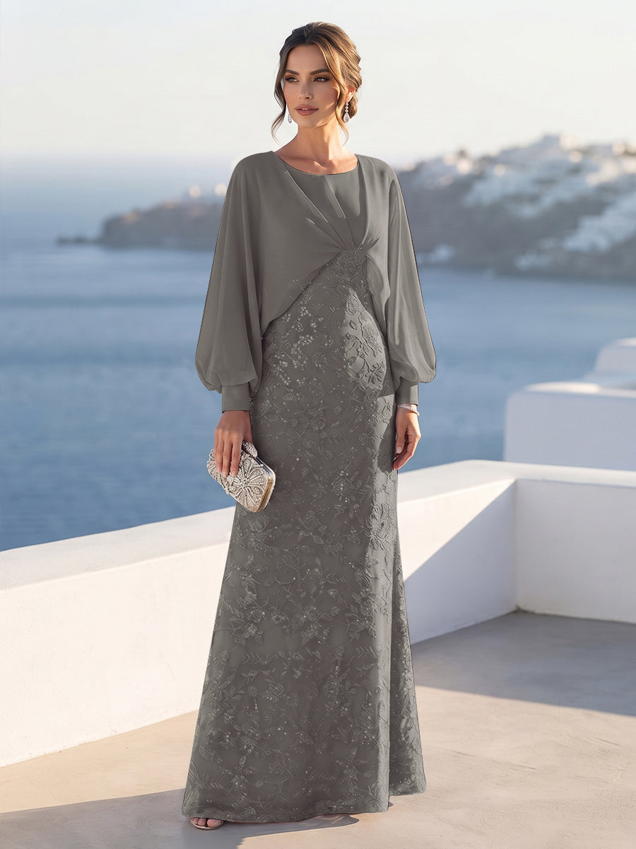 A-Line/Princess Long Sleeves Scoop Floor-Length Mother of the Bride Dresses with Sequins &amp; Cape