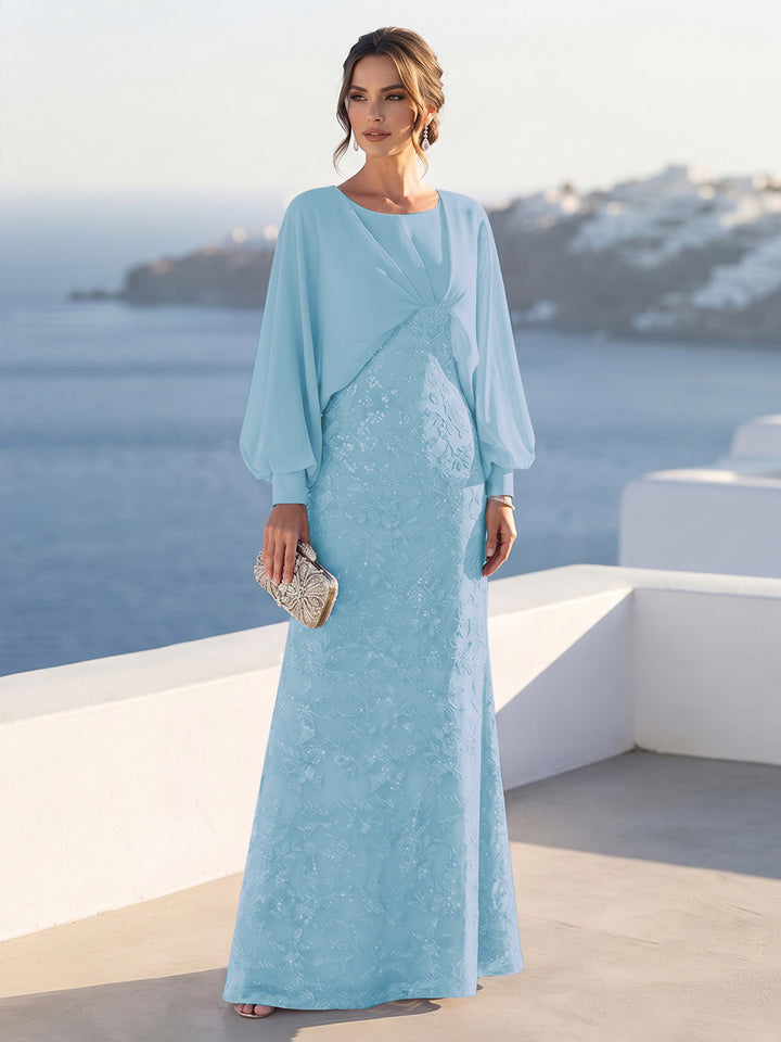 A-Line/Princess Long Sleeves Scoop Floor-Length Mother of the Bride Dresses with Sequins &amp; Cape