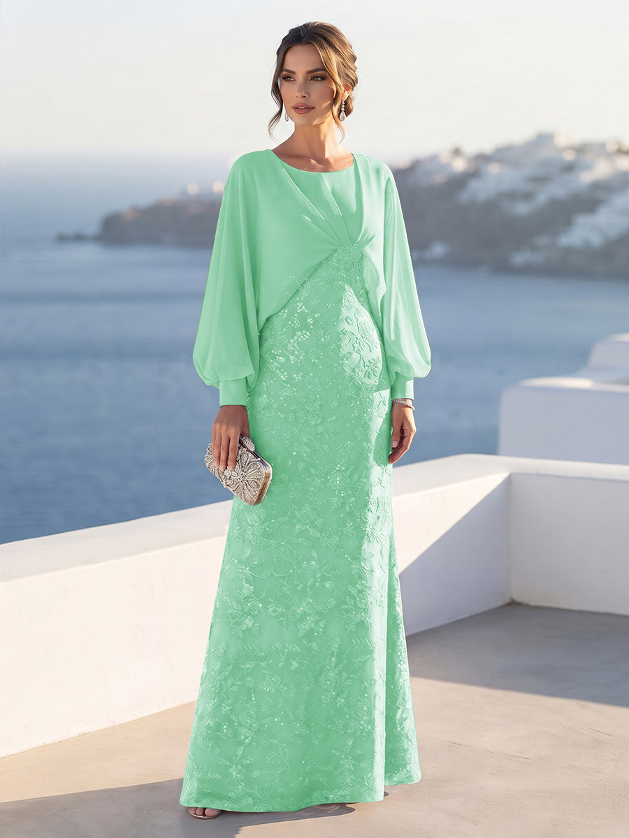 A-Line/Princess Long Sleeves Scoop Floor-Length Mother of the Bride Dresses with Sequins &amp; Cape