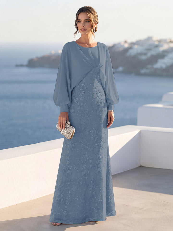 A-Line/Princess Long Sleeves Scoop Floor-Length Mother of the Bride Dresses with Sequins &amp; Cape