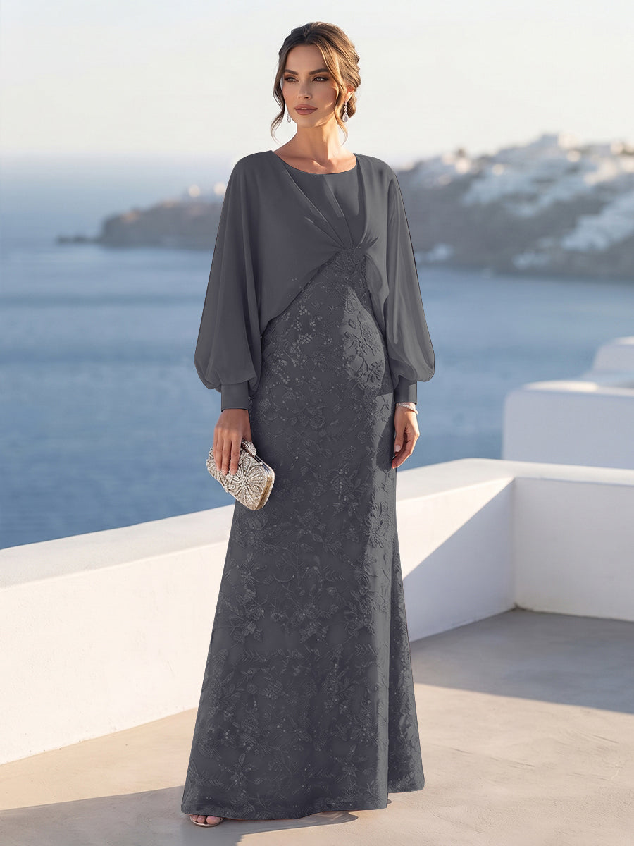 A-Line/Princess Long Sleeves Scoop Floor-Length Mother of the Bride Dresses with Sequins &amp; Cape