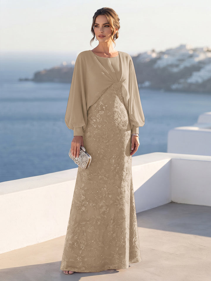 A-Line/Princess Long Sleeves Scoop Floor-Length Mother of the Bride Dresses with Sequins &amp; Cape