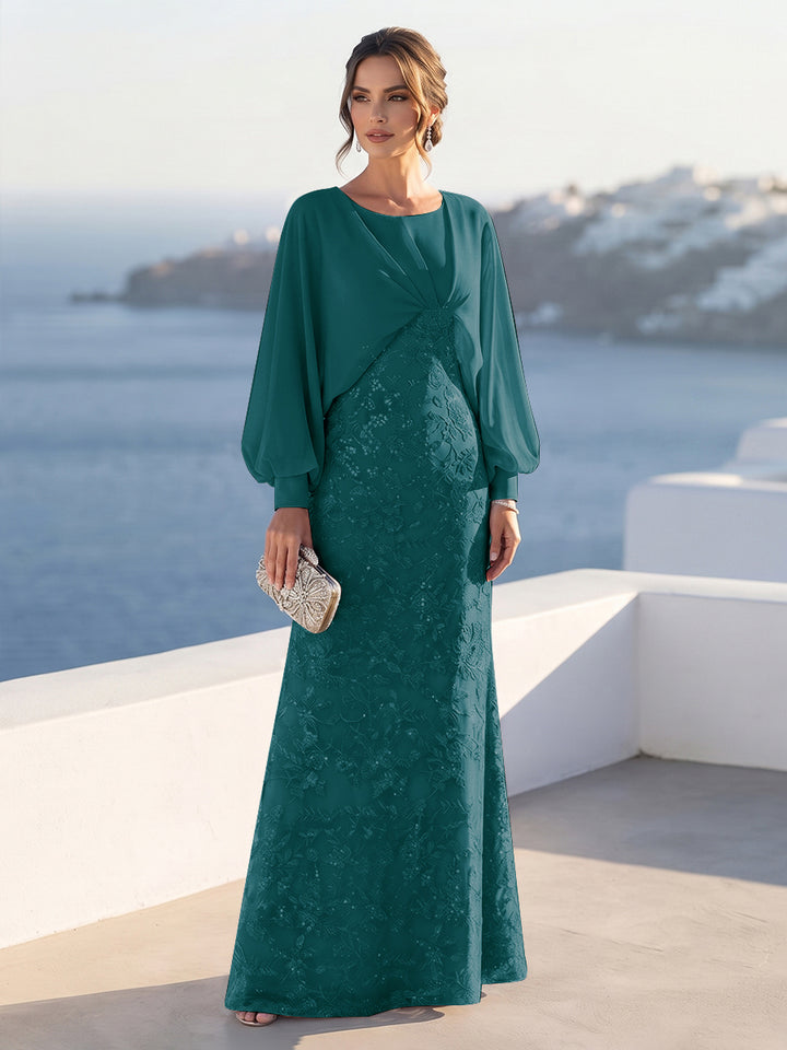 A-Line/Princess Long Sleeves Scoop Floor-Length Mother of the Bride Dresses with Sequins &amp; Cape