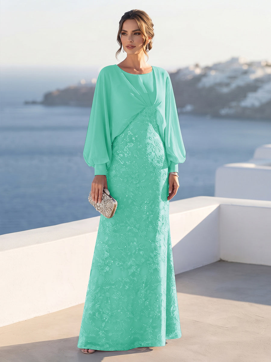 A-Line/Princess Long Sleeves Scoop Floor-Length Mother of the Bride Dresses with Sequins &amp; Cape