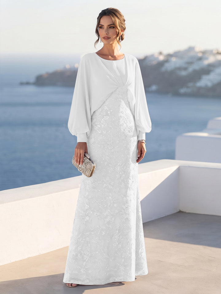 A-Line/Princess Long Sleeves Scoop Floor-Length Mother of the Bride Dresses with Sequins &amp; Cape