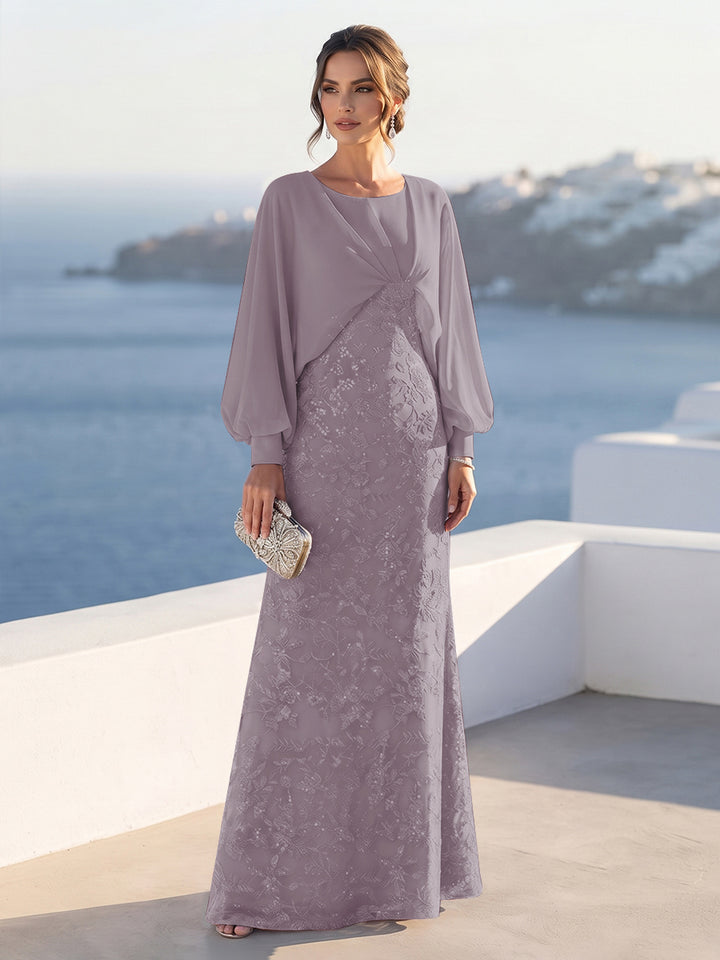 A-Line/Princess Long Sleeves Scoop Floor-Length Mother of the Bride Dresses with Sequins &amp; Cape