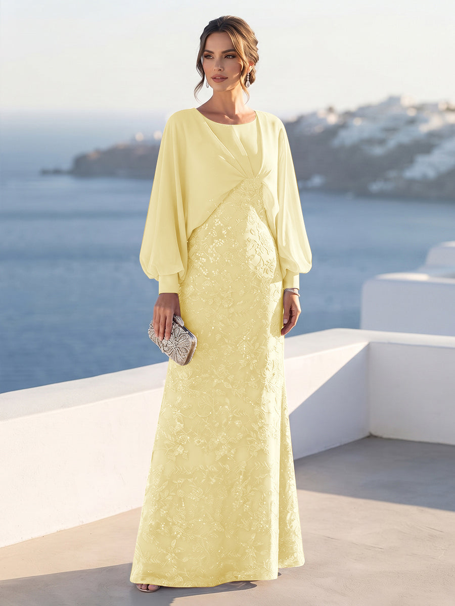 A-Line/Princess Long Sleeves Scoop Floor-Length Mother of the Bride Dresses with Sequins &amp; Cape