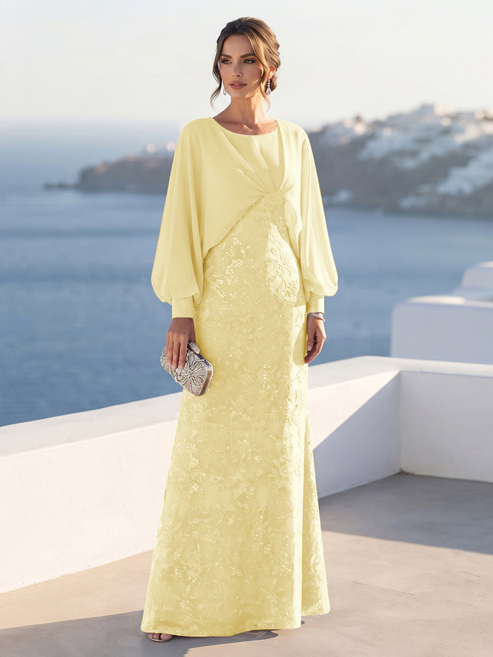 A-Line/Princess Long Sleeves Scoop Floor-Length Mother of the Bride Dresses with Sequins &amp; Cape