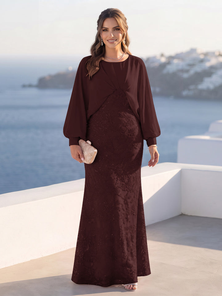 A-Line/Princess Long Sleeves Scoop Floor-Length Plus Size Mother of the Bride Dresses with Sequins &amp; Cape