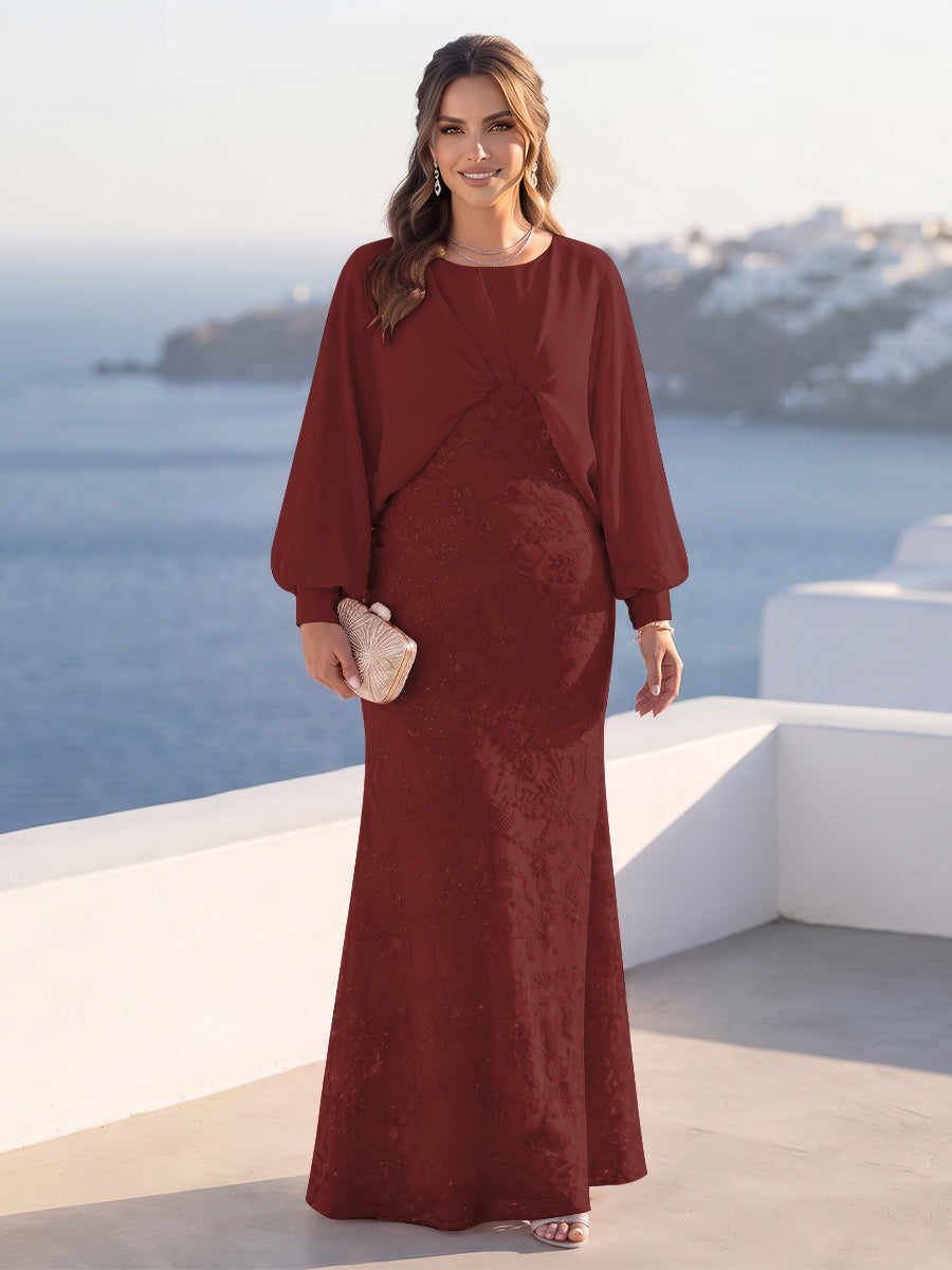 A-Line/Princess Long Sleeves Scoop Floor-Length Plus Size Mother of the Bride Dresses with Sequins &amp; Cape