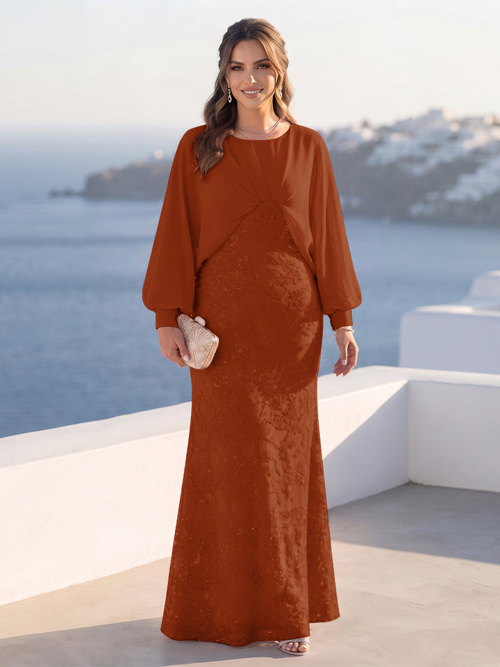 A-Line/Princess Long Sleeves Scoop Floor-Length Plus Size Mother of the Bride Dresses with Sequins &amp; Cape