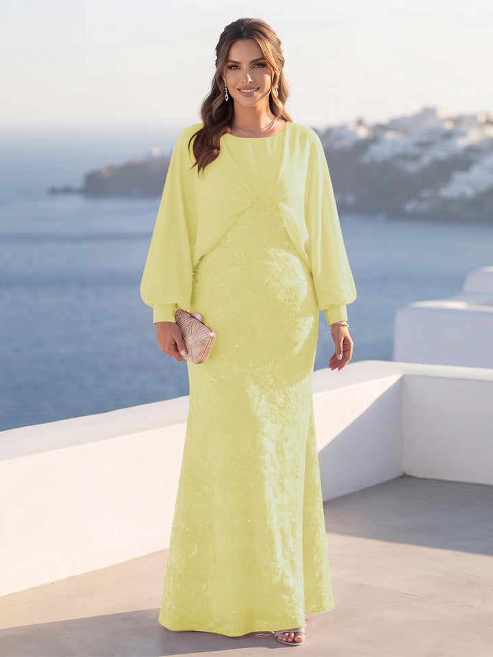 A-Line/Princess Long Sleeves Scoop Floor-Length Plus Size Mother of the Bride Dresses with Sequins &amp; Cape