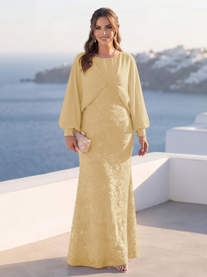 A-Line/Princess Long Sleeves Scoop Floor-Length Plus Size Mother of the Bride Dresses with Sequins &amp; Cape