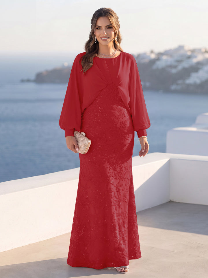 A-Line/Princess Long Sleeves Scoop Floor-Length Plus Size Mother of the Bride Dresses with Sequins &amp; Cape