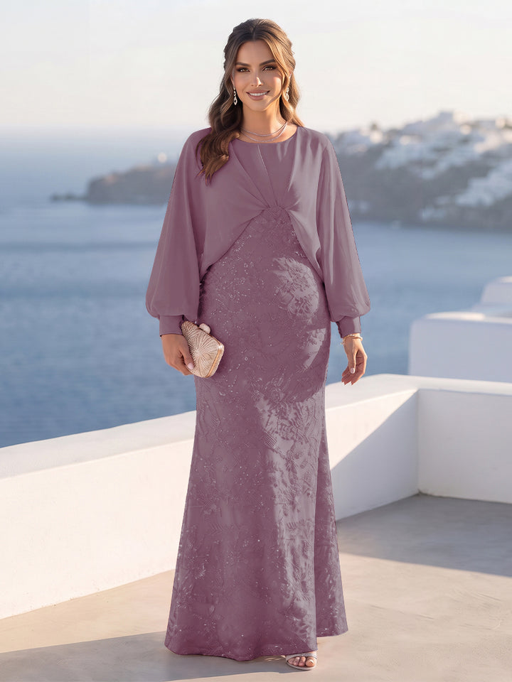 A-Line/Princess Long Sleeves Scoop Floor-Length Plus Size Mother of the Bride Dresses with Sequins &amp; Cape