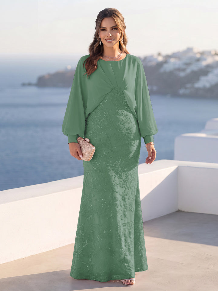 A-Line/Princess Long Sleeves Scoop Floor-Length Plus Size Mother of the Bride Dresses with Sequins &amp; Cape