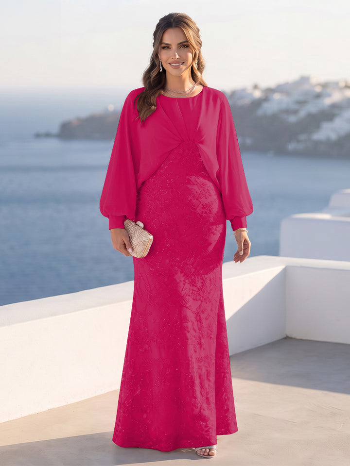 A-Line/Princess Long Sleeves Scoop Floor-Length Plus Size Mother of the Bride Dresses with Sequins &amp; Cape