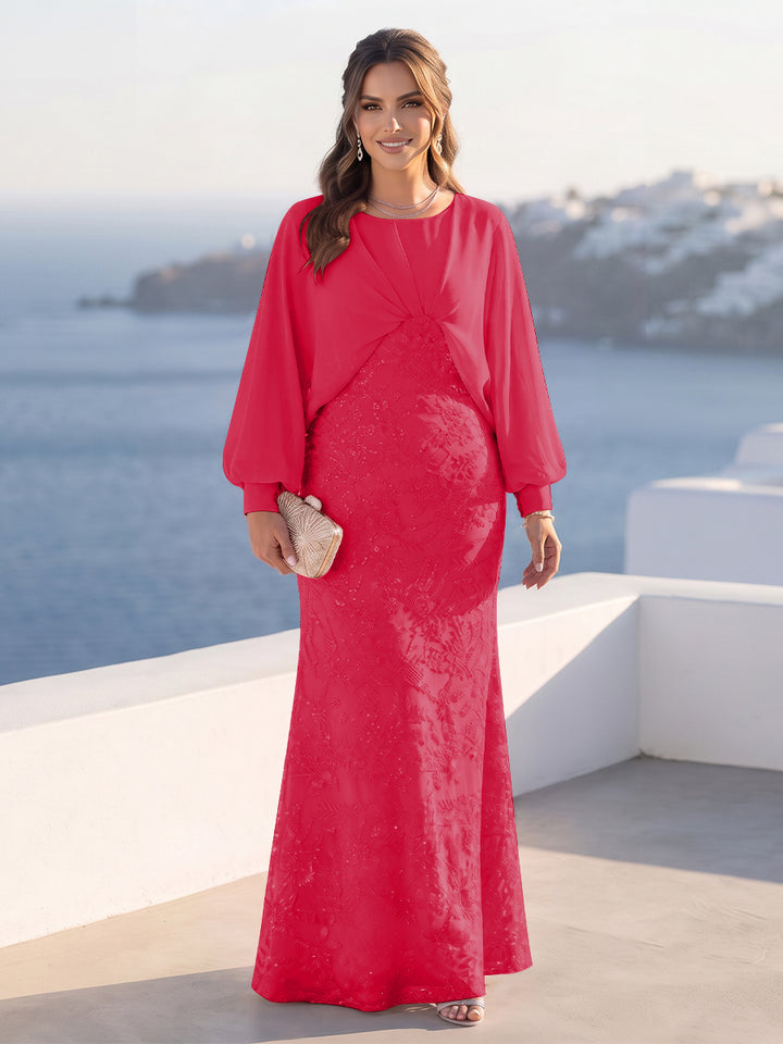A-Line/Princess Long Sleeves Scoop Floor-Length Plus Size Mother of the Bride Dresses with Sequins &amp; Cape